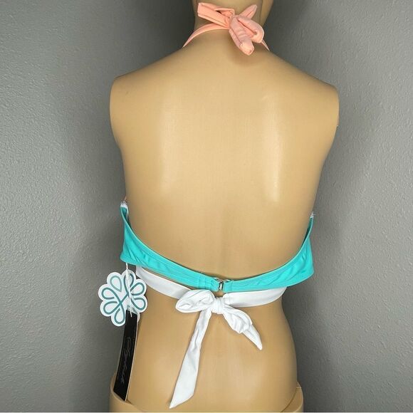 NWT Stylish Swimwear Beach White and Aqua Halter Bikini Top Size Large - Picture 3 of 8